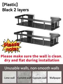 1/2 Pieces Black Bathroom Shelf, Large Capacity Wall Mounted, No Drilling Required, Wall Mounted Shower Shampoo Holder, Bathroom Towel Rack, Wall Mounted Rectangular Bracket, Stick-On Bathroom Shower Rack, Suitable For Bathroom And Kitchen