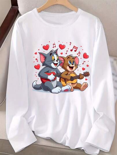 Warner Bros. Licensed, Jerry & Tom Guitar Print Long Sleeve T-Shirt, Round Neck Fashion Top, Easy Care Material, Suitable For Daily Wear, Fall & Winter