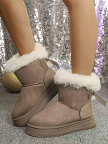 Botas de nieve de suela gruesa con lazo de unicolor de 2025, botas cortas de invierno para mujer con forro grueso para fiestas/uso casual, botas de algodón con forro polar para uso diario/esquí al aire libre con suela antideslizante