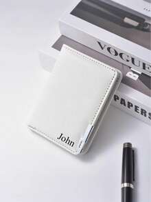 1pc Customized Men's Short Wallet, Can Be Customized With Name/Text/Short Leather Wallet With Metal Edge, Cross-Grain Men's Multi-Card Wallet, Personalized Men's Wallet, PU Minimalist Multi-Slot Wallet, Customized Men's Wallet, PU Faux Leather Wallet, Made Of PU Material, Hot Stamping Craft, Personalized Gift, Personalized Gift For Brother, Father, Boyfriend, Suitable For Anniversary, Gift For Men - 彩色 - 查看 7