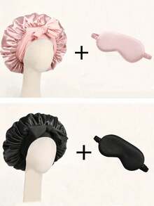 2pcs Luxury Satin Silk Soft Cap With Adjustable Drawstring - Lightweight Hair Care Soft Cap, Smooth Eye Mask, Blackout Non-Compressive Eye Mask, Suitable For Overnight Wear, Long Curly Or Braided Hair - High-End Bathroom Accessory, Fashionable And Comfortable, Suitable For Women Bonnet For Women - Multicolor - View 1