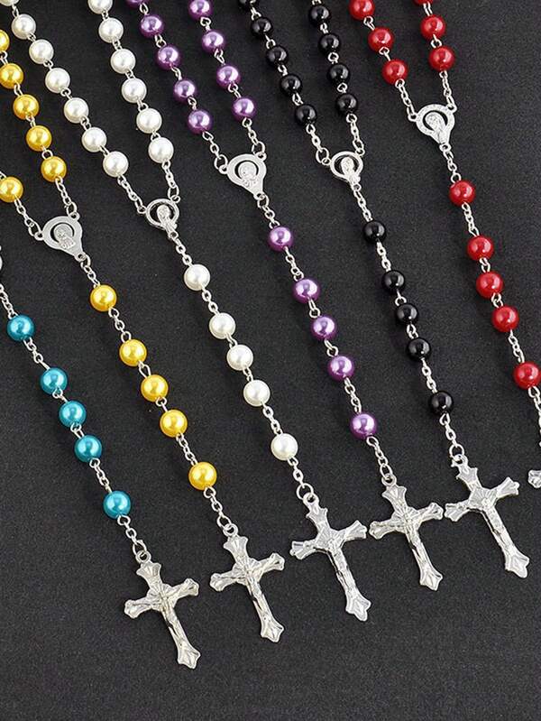 1pc Unisex Fashionable Vintage Cross Pendant Faux Pearl Rosary Necklace, Suitable For Holidays, Parties, And Everyday Wear