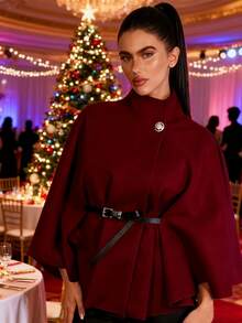Winter Women's Clothes, Short Style, Stand-Up Collar, Loose, Woolen Coat, Shawl Cape, Complimentary Belt, Chic,Two Pieces Set, Christmas ,Tops