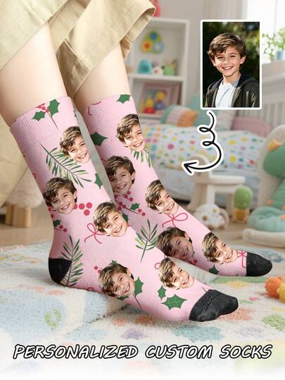 1 Pair Of Customized Face Children's Mid Tube Socks, Put Any Face On Socks,Boy And Girl, Personalized Socks For With Photos, Interesting Customized Picture Pairs With Medium To Long Socks, Suitable For Valentine's Day, Birthdays, Gift Giving