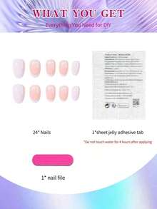 24pcs Oval Heart-Shaped French Manicure Nail Stickers Set, Perfect Fit For Acrylic Fake Nails, Includes 1pc Jelly Gel And 1pc Nail File, Suitable For Women And Girls For Daily Work, Study And Party Use - 彩色 - 查看 5