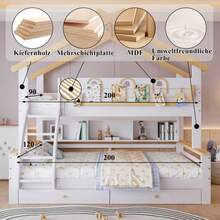 Beliche, duas gavetas com rodízios, corrimão decorativo requintado e design de telhado, escada inclinada de quatro andares, pinho + MDF, branco + natural, 90x200cm e 120x200cm