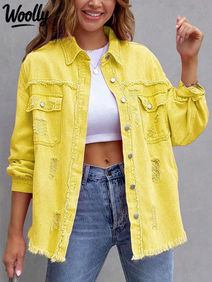 Plain Holed Front Button Ripped Pocket Casual Long Sleeve Jacket - Yellow - View 1