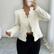 Ladies' Beige Jacket, Autumn Tweed Long-Sleeved Top, Elegant Wave-Collar Short Coat, Short Tweed Blazer Suitable For Work And Office.