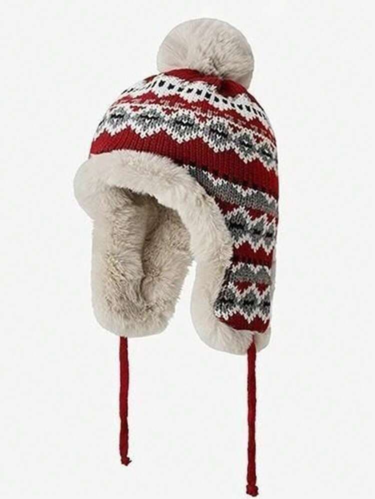 女士提花针织帽，保暖带护耳内衬，冬季适用，适合日常穿着、购物、散步、户外旅行 - 彩色 - 查看 5