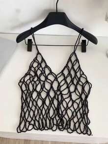 DEKUNER 1 pieza Nueva parte superior de tipo halter de estilo simple con perlas falsas, para adolescente, camiseta bata con lindas cuentas, cadena corporal con perlas