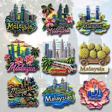 1/2pcs Malaysia Petronas Twin Towers Kuala Lumpur Travel Souvenir Refrigerator Magnet, Tropical Rainforest Hibiscus Blue Lake Home Decor Magnets, Meaningful Creative Gift For Office, Kitchen, Cabinet, Southeast Asia Trip Durian Car - Multicolor - View 3