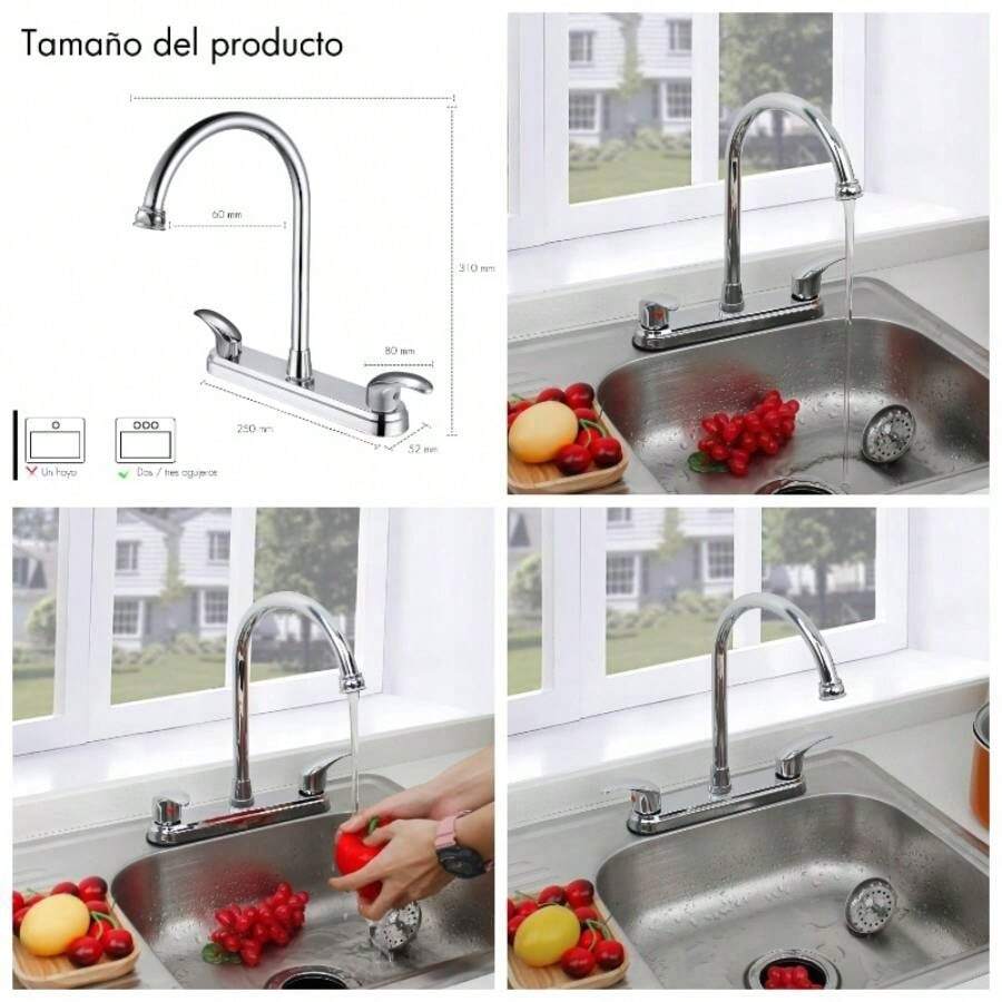 Mezcladora para Fregadero, Grifos para Cocina Negro Mate, Llave de Fregadero de Cocina Flexible, Grifo de Cocina con Dos Asas, Grifo de Cocina Moderno de Acero Inoxidable, SP - 80100 - N - Cromo Espejo 1 - Ver 1