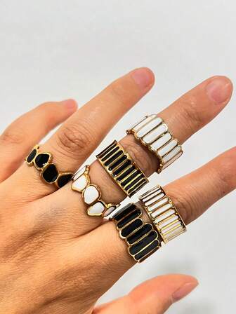 1 pieza Anillo abierto de estilo real vintage en negro y blanco con efecto de goteo de aceite, anillo grueso ajustable, anillo bohemio rugoso con textura rayada, regalo de joyería para mujer