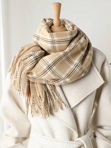 1 pieza Elegante bufanda/echarpe de mujer a cuadros multicolor con flecos de imitación de cachemira, Chal/pashmina de cachemira, Bufanda de cuello unisex estilo grueso y casual para el invierno, Chal envolvente para mujer, Suave y cómoda, Para uso diario y salidas, así como regalos navideños para miembros de la familia