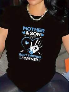 Short Sleeve T-Shirt For Mother Son Best Friends Forever Design, Ideal For Home Living Room Wear, Durable Comfortable Fabric, Stylish Graphic Tee For Casual Everyday Use, Soft Material, Perfect Gift Idea - 黑色 - 查看 1