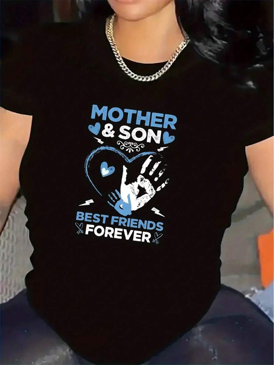 Short Sleeve T-Shirt For Mother Son Best Friends Forever Design, Ideal For Home Living Room Wear, Durable Comfortable Fabric, Stylish Graphic Tee For Casual Everyday Use, Soft Material, Perfect Gift Idea - 黑色 - 查看 1