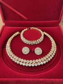 3pcs Set Bling Rhinestone Multi-Layer Necklace, Earrings, Bracelet & Choker Jewelry Set Bridal Wedding Gift MHFJ - 彩色 - 查看 1