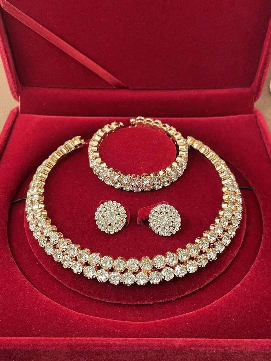 3pcs Set Bling Rhinestone Multi-Layer Necklace, Earrings, Bracelet & Choker Jewelry Set Bridal Wedding Gift MHFJ - 彩色 - 查看 1