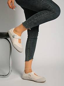 女士新款撞色时尚经典钩环舒适春秋芭蕾平底鞋，休闲可爱正装平底鞋 - 米色 - 查看 4