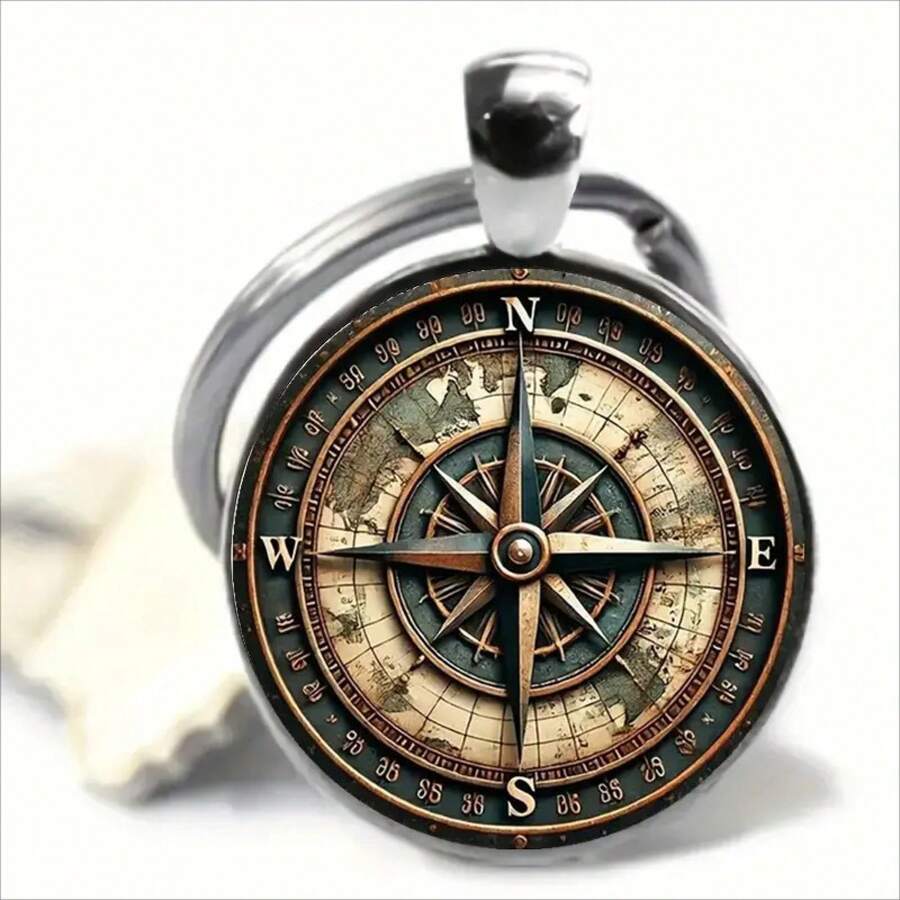 1 Piece 2D Flat Navigation Compass Design Key Ring Is The Perfect Gift For A Sailor Birthday Gift - bạc cổ - Xem 1