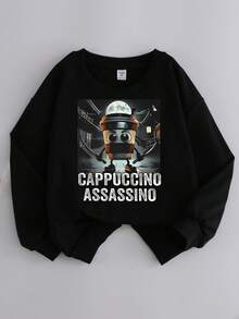 青少年男孩返校卡通咖啡杯人物印花圆领套头衫 - 柔软、可机洗、百搭 - 秋冬休闲装（儿童时尚必备品、万圣节） - 黑色 - 查看 2