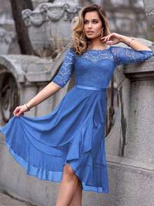 MIUSOL Vestido Chiffon Evasê com Decote Barco, Babado na Barra, Renda Floral, Vestido de Um Ombro, Vestido para Convidada de Casamento, Vestido de Primavera, Vestido para Festa do Dia das Mães - Azul - Visão 1