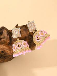 1pair Exaggerated Luxury Bollywood Style Dangle Earrings,Square Design Earrings With Handmade Beads Tassel, Jewelry For Women Daily Wear,Party And Weddings, Women's Gifts