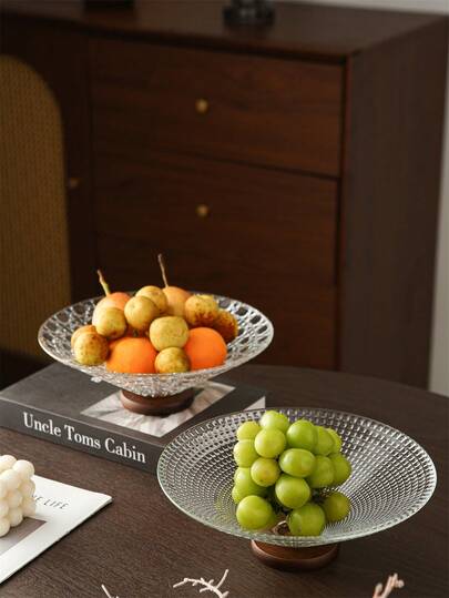 1pc Glass Fruit Bowl With Wooden Base, For Holding Fruits, Suitable For Parties And Daily Use