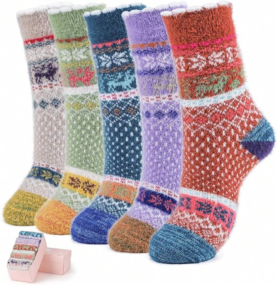 SISOSOCK 5 Pairs Fuzzy Soft Cozy Fluffy Socks Women, Casual Thick Plush Comfy Sleep Socks, Warm Winter Gifts Women - 多色動物-1 - 查看 1