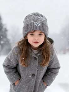 1pc儿童帽子秋冬新款刺绣爱心宝宝保暖帽男童女童帽子冬天加厚保暖手套柔软外出不冷保暖休闲小男孩上学玩耍冬季厚款女童保暖帽冬天 - 彩色 - 查看 1