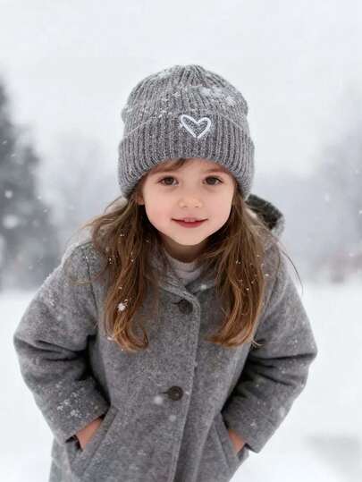 1pc儿童帽子秋冬新款刺绣爱心宝宝保暖帽男童女童帽子冬天加厚保暖手套柔软外出不冷保暖休闲小男孩上学玩耍冬季厚款女童保暖帽冬天