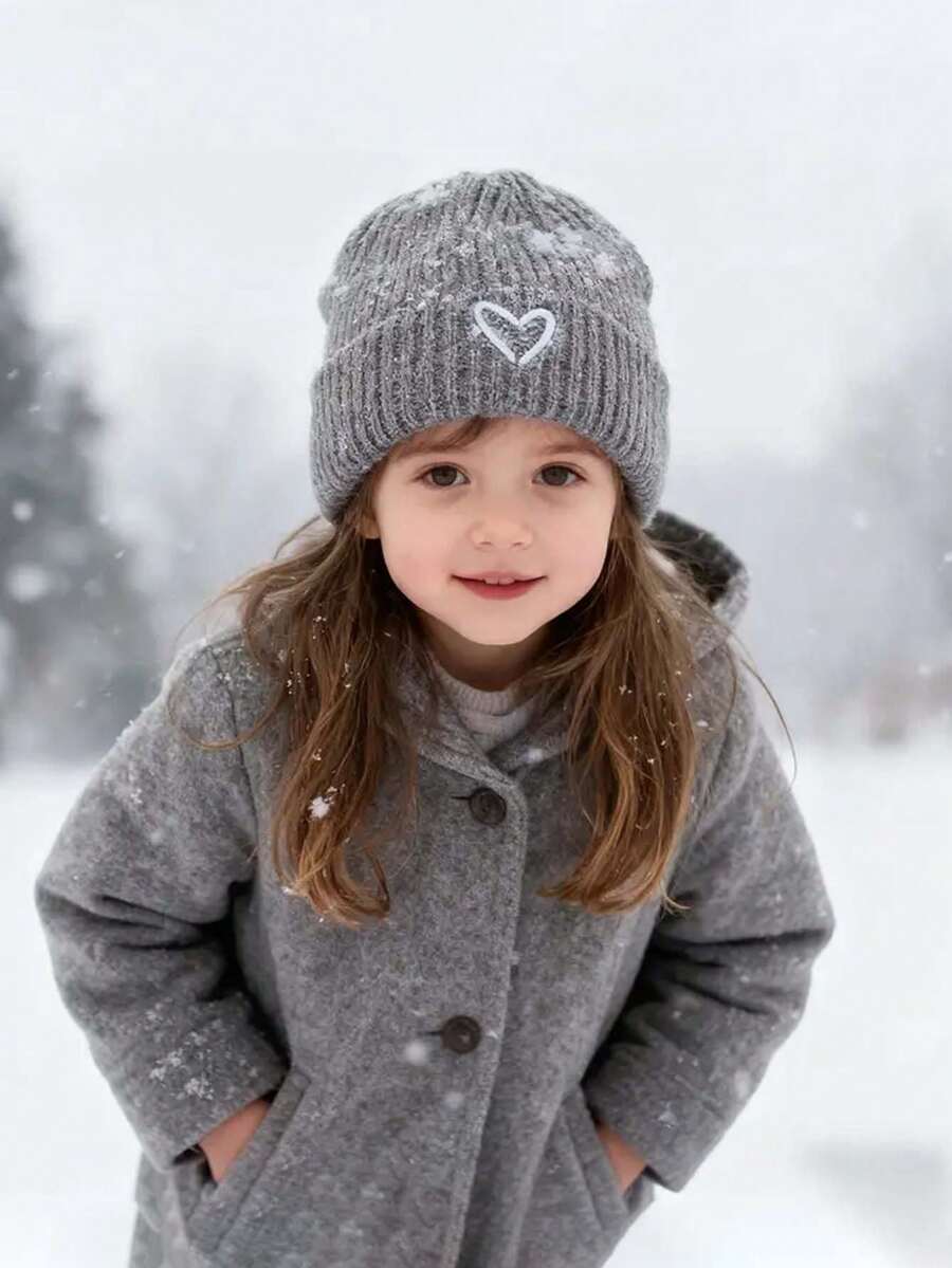 1pc儿童帽子秋冬新款刺绣爱心宝宝保暖帽男童女童帽子冬天加厚保暖手套柔软外出不冷保暖休闲小男孩上学玩耍冬季厚款女童保暖帽冬天 - 彩色 - 查看 1