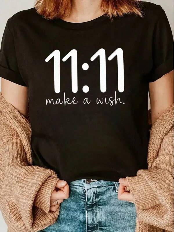 11:11 Make A Wish White Bold Text On Black Background Minimalist Design T-Shirt - Casual Crew Neck Cotton Tee, Super Soft, Perfect Gift For Spiritual, New Age Enthusiasts, Friends, Family On Birthdays, Special Occasions