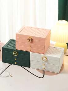3-Layer Large Capacity Jewelry Box, PU Leather With Lock Jewelry Storage Box, Desktop Drawer Storage Box, Vanity Organizer Box, Women's Accessory Gift Box, Ring, Necklace, Bracelet, Earring Storage Box, Jewelry Accessory Storage Container. - Multicolor - View 3