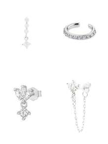 4 件套奢华 24K 镀金方晶锆石袖口耳环女士花朵锆石吊坠链耳钉耳环套装 - 4pcs/set - 查看 6