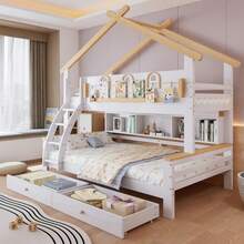 Beliche, duas gavetas com rodízios, corrimão decorativo requintado e design de telhado, escada inclinada de quatro andares, pinho + MDF, branco + natural, 90x200cm e 120x200cm