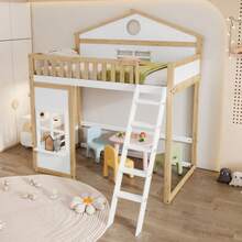 Etagenbett, Hausbett, mit Treppe, mit Rausfallschutz und Geländer, mit Dach und Fenster, Lattenrost frei gestaltbar, Rahmen Kiefer, Kiefer + MDF, weiß + natur, 90 x 200 cm