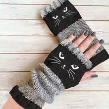 Elegante Damen Fingerlose Handschuhe mit Katzen-Stickerei und Kontrastfarben im Retro-Stil - Touchscreen-kompatibel, winterwarm, lila-graue horizontale Streifen, dehnbare Manschetten geeignet für Smartphone/KameraLässigLässig- und Businessoutfits (nur Handwäsche)