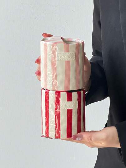 1pc Pink Vertical Striped Ceramic Handled Coffee Mug, Ins Minimalist Asymmetrical Ceramic Mug, Classic Striped Series, Handmade High Aesthetic Tea Cup And Coffee Cup, Suitable For Home, Restaurant, Cafe - Multipurpose, Insulated, Suitable For Party And Gift