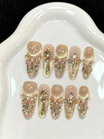 10 piezas Uñas postizas ovaladas largas hechas a mano para fiestas y uso diario, uñas doradas, hermosas, uñas ovaladas, brillantes y deslumbrantes, fáciles de usar. 10 piezas de uñas postizas hechas a mano Y2K, uñas de otoño, adecuadas para fiestas y uso diario de niñas y mujeres