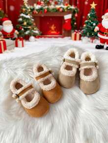 1 双儿童圣诞毛绒羊毛冬鞋，复古时尚女童冬季保暖软底乐福鞋，冬季百搭
