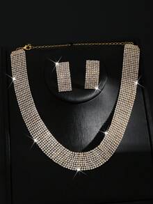 3pcs/Set Women's Luxury Rhinestone Necklace, Earrings Jewelry Set, Elegant Valentine's Day Accessories - Gold - View 4