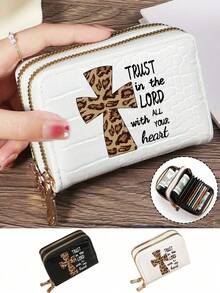 New Double Zipper Wallet Card Holder, Fashionable Wallet Clutch, Printed With Leopard Print Cross Pattern, Believing In God,Waterproof Pu Zipper Short Wallet Handbag, Double Zipper Multi-Function, Exquisite Design, Large Capacity, Compact Size, Suitable For Driver'S License, Business Cards And Other Documents - Multicolor - View 1