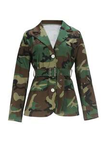 Ropa de otoño para mujer, abrigo de mujer de moda con camuflaje, cinturón de tres botones y bolsillos