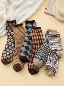 6 双女士新款复古花卉印花深色中筒及膝袜，秋冬