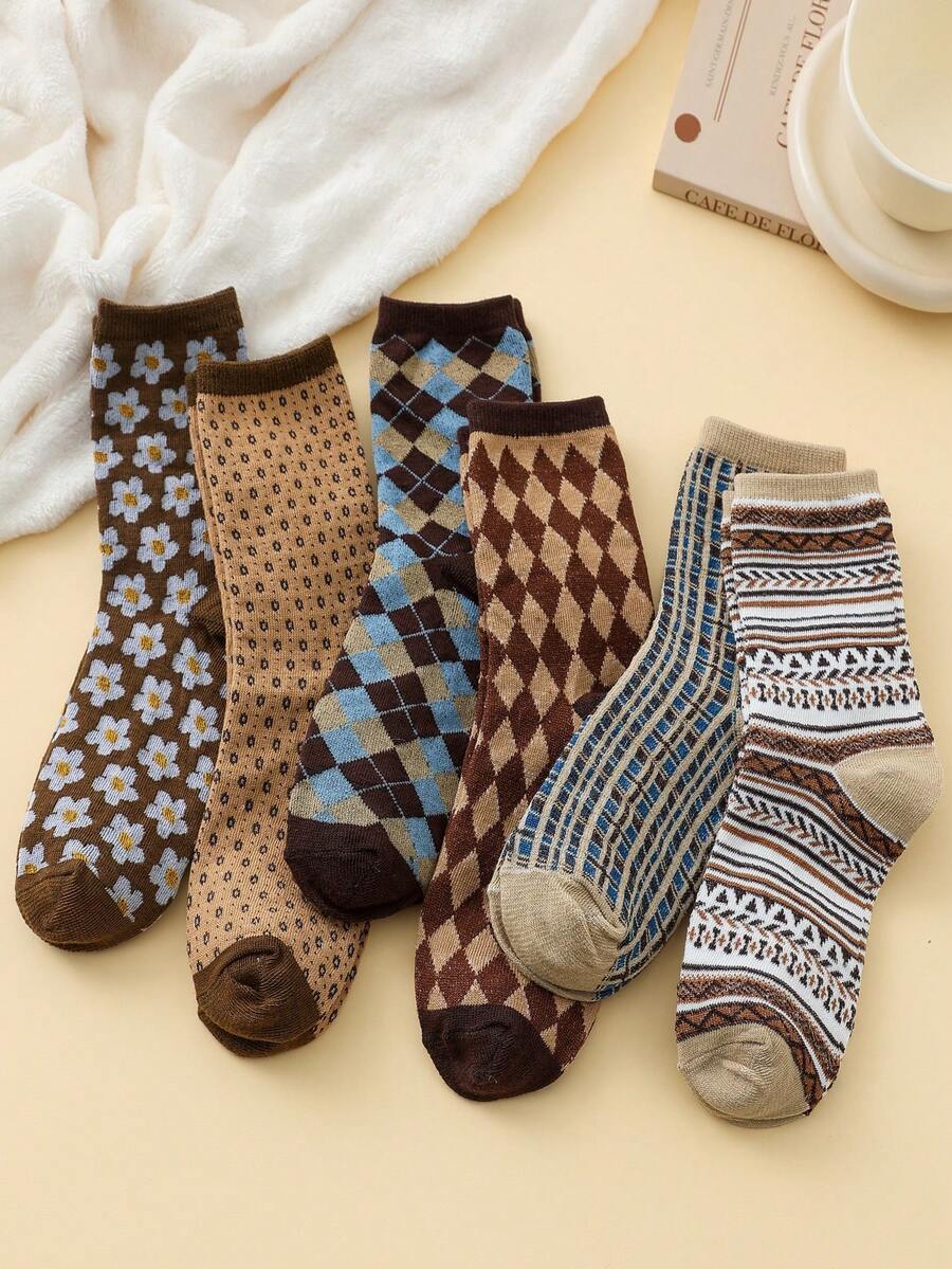 6 双女士新款复古花卉印花深色中筒及膝袜，秋冬