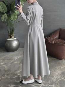 SuofeiMan Abito lungo donna semplice con colletto alla coreana, monopetto, tinta unita, abito camicia casual elegante snellente a maniche lunghe, outerwear e outfit casual quotidiano - Grigio - Visualizzare 3