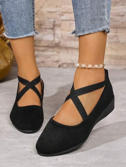 女士流行圆头舒适微坡跟厚底芭蕾平底鞋，交叉绑带，复古风格，加大码，轻便百搭纯色休闲/工作鞋