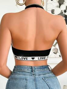 1pc Women's Black Halter Lace & Metallic Ribbon Front Closure Sexy Bra