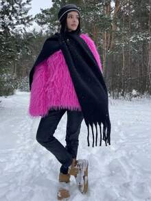 1pc Solid Color Thick Tassel Scarf, Soft & Warm, Windproof, Winter Warm Scarf, Fleece Fabric, 78.74 X 15.75 Inches, Black & White Fashionable Casual Daily Outdoor Style, College Style Accessory Women's Winter Scarf, Soft Fabric, Decorative Tassel Scarf, Unisex, With Tassel Scarf, Women's Winter Shawl - Multicolor - View 5